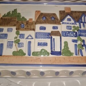 Hand-Painted Village Scene Ceramic Platter - Blue, Green, Brown